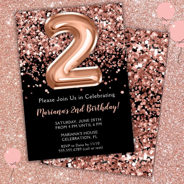 2nd Birthday Invitation Black Rose Gold Glitter (Creator Uploaded)