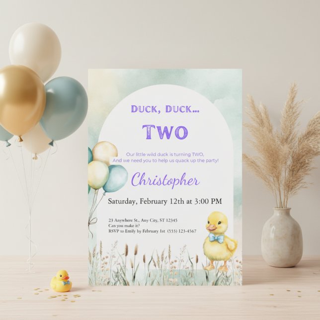 2nd Birthday Invitation Duck Duck Two Theme (Duck Duck Two 2nd birthday invitation mockup in white frame with pastel green and gold balloons)
