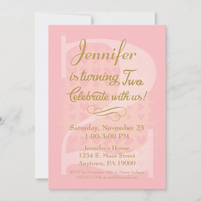 2nd Birthday Invitation Girls Pink Gold Hearts (Front)