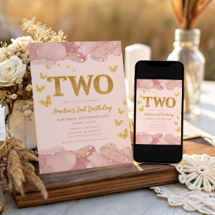 2nd Birthday Invitation Pink Gold Glitter Girl