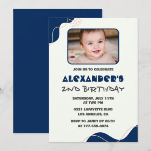 2nd birthday invitations Boy Navy Simple Photo