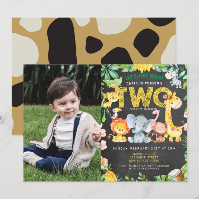 2nd Birthday Jungle Party Safari Animals Photo Invitation (Front/Back)