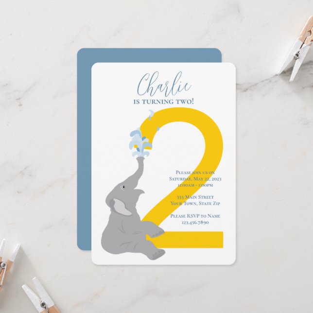 2nd Birthday Modern Grey Elephant Party Invitation (Front/Back In Situ)