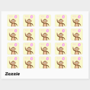 2nd birthday monkey add name pink cream square sticker