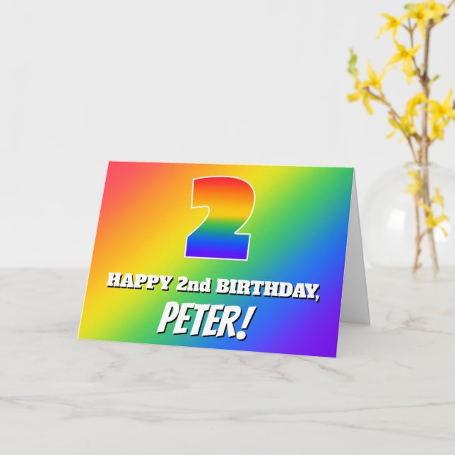 2nd Birthday: Multicolored Rainbow Pattern # 2 Card (Yellow Flower)