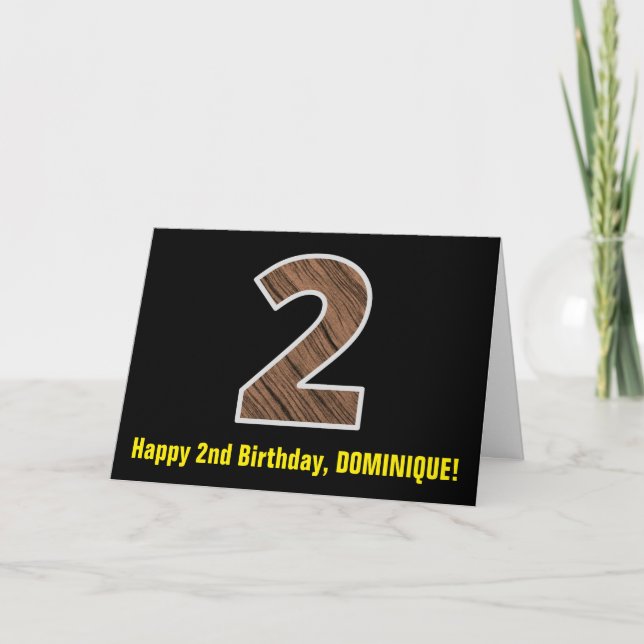 2nd Birthday: Name + Faux Wood Grain Pattern "2" Card (Front)