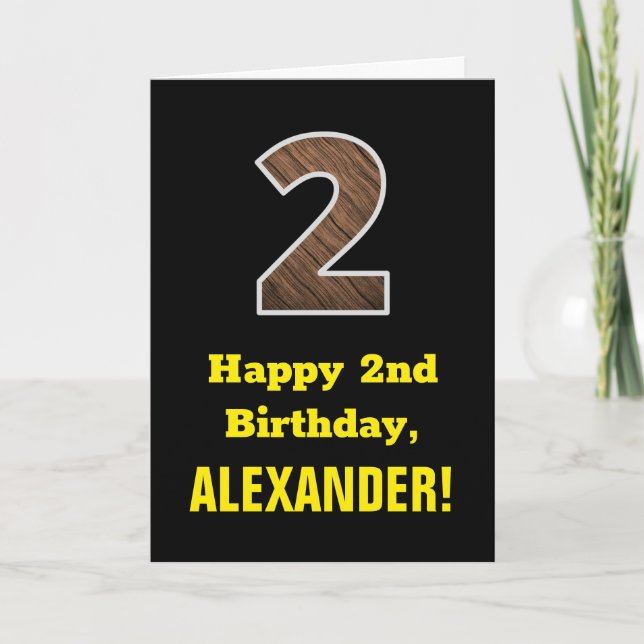 2nd Birthday: Name, Faux Wood Grain Pattern "2" Card (Front)