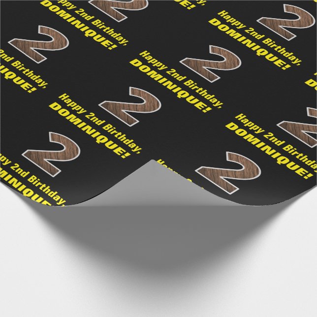 2nd Birthday: Name & Faux Wood Grain Pattern "2" Wrapping Paper (Corner)