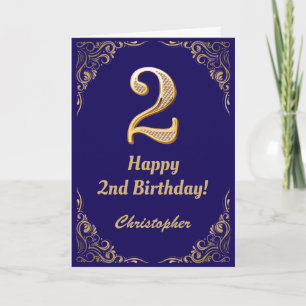 2nd Birthday Navy Blue and Gold Glitter Frame Card