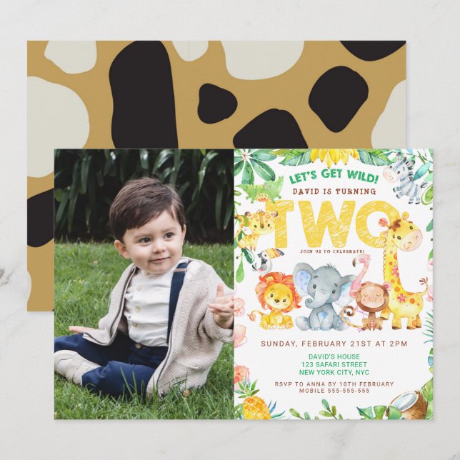 2nd Birthday Party Animals Safari Jungle Picture Invitation (Front/Back)