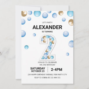 2nd Birthday Party, Blue and Gold Balloon Boy Invitation