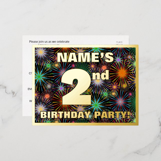2nd Birthday Party: Bold, Colourful Fireworks Look Foil Invitation Postcard (Front/Back)
