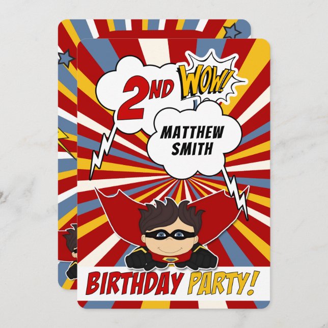2nd Birthday Party Superhero Red Comic for Boys Invitation (Front/Back)