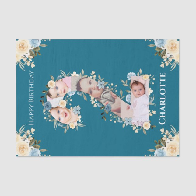 2nd Birthday Photo Collage Teal Blue Yellow Flower Tissue Paper (Front)
