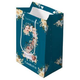 2nd Birthday Photo Teal Collage Blue Yellow Flower Medium Gift Bag