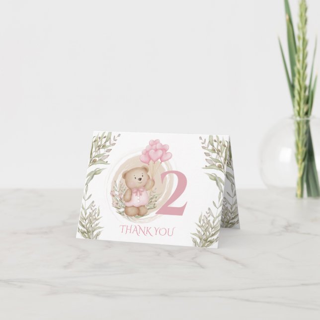 2nd Birthday Pink Bear Thank You Card (Front)