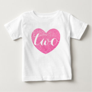 2nd Birthday Pink Glitter Heart-Print Personalize Baby T-Shirt