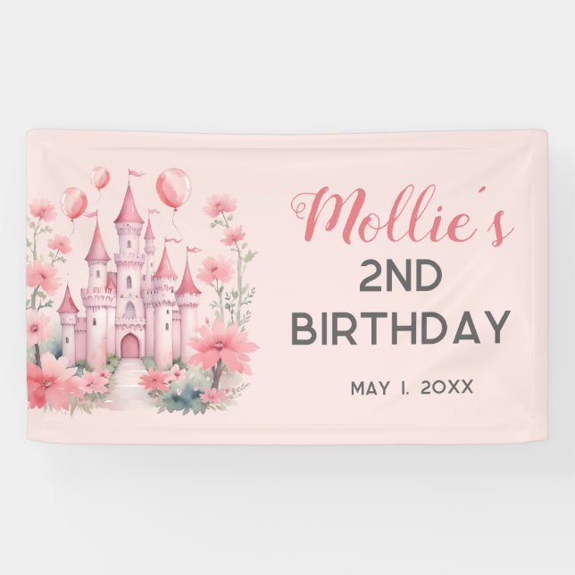 2nd Birthday Pink Princess Castle Balloons Banner (Horizontal)