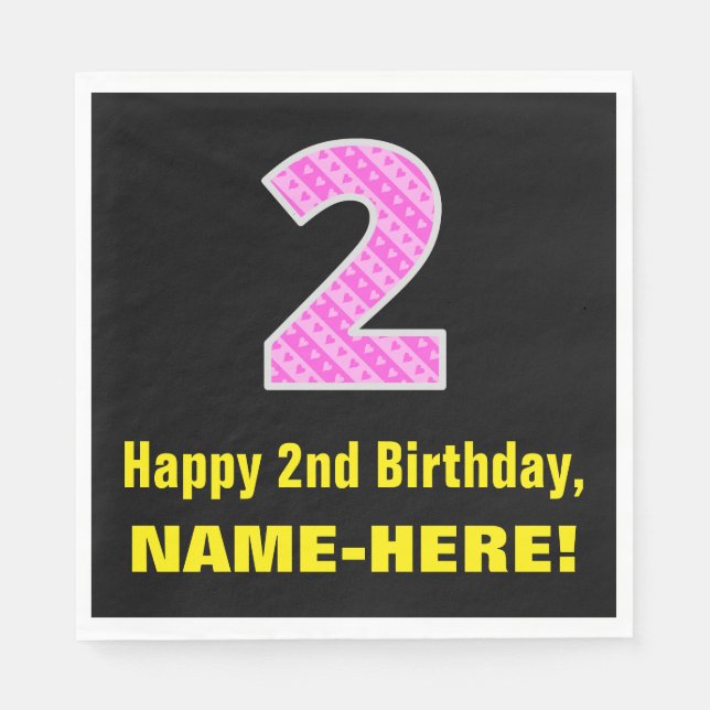 2nd Birthday: Pink Stripes and Hearts "2" + Name Napkin (Front)