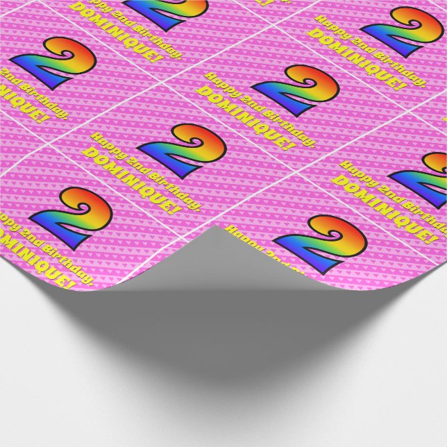 2nd Birthday: Pink Stripes & Hearts, Rainbow # 2 Wrapping Paper (Corner)