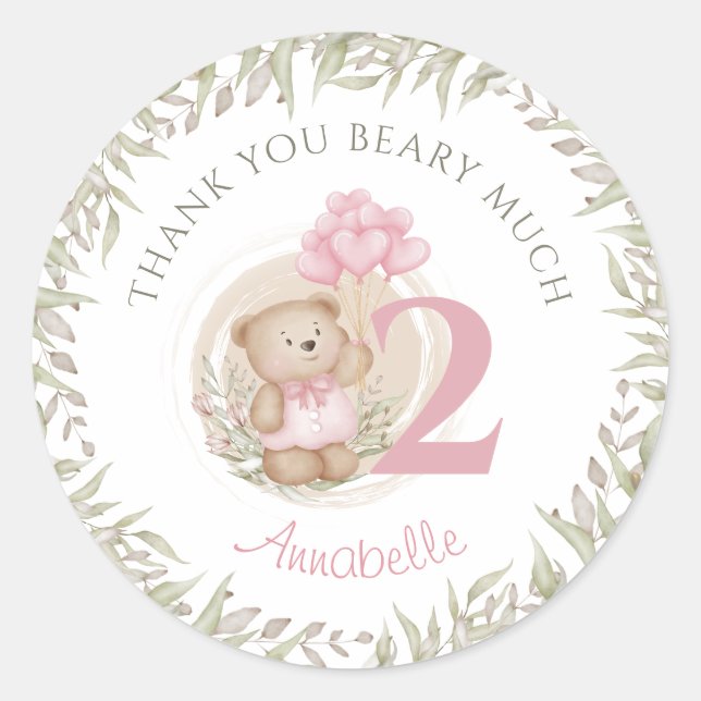 2nd Birthday Pink Teddy Bear Thank You Stickers (Front)