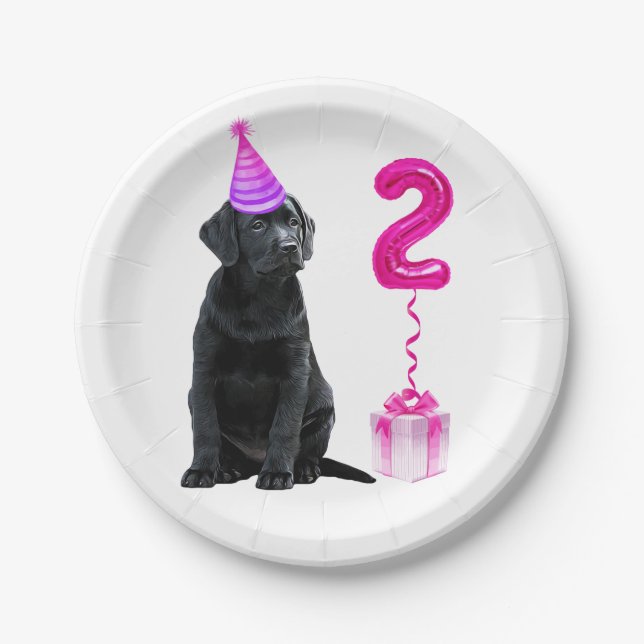 2nd Birthday Puppy Theme- Cute Dog Pink Girl Pawty Paper Plate (Front)