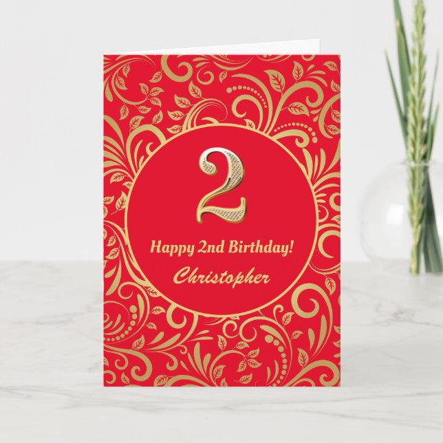 2nd Birthday Red and Gold Floral Pattern Card (Front)