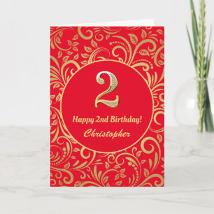 2nd Birthday Red and Gold Floral Pattern Card