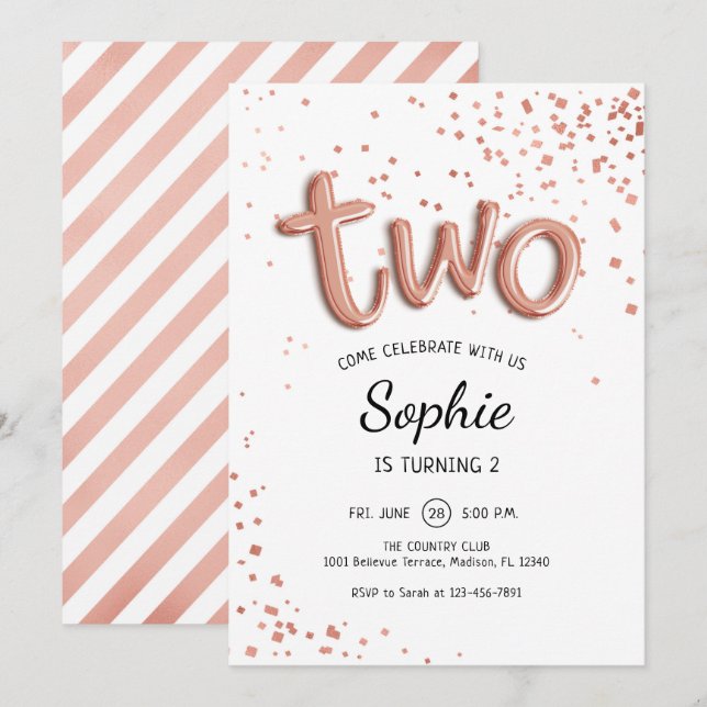 2nd Birthday - Rose Gold White Invitation (Front/Back)