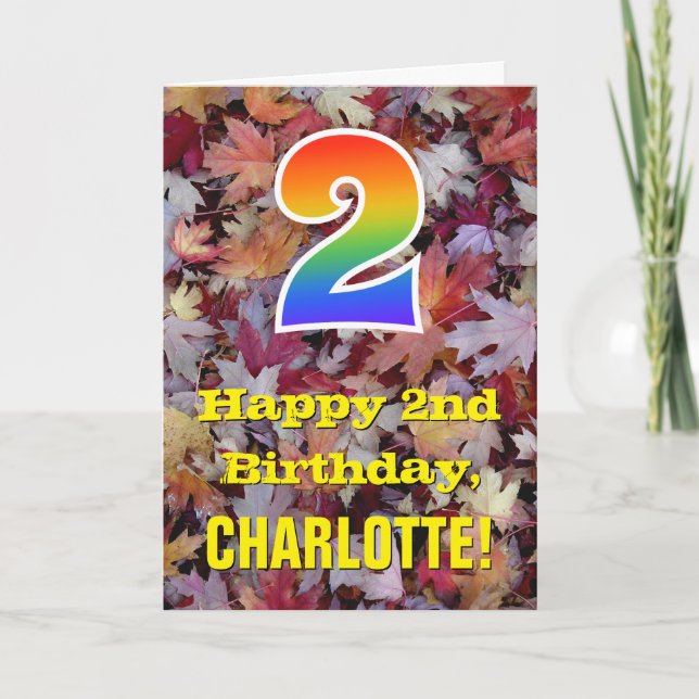 2nd Birthday; Rustic Autumn Leaves; Rainbow "2" Card (Front)
