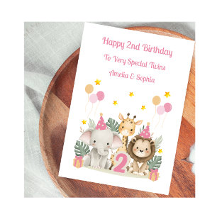 2nd Birthday Safari Animals Twin Girls Card