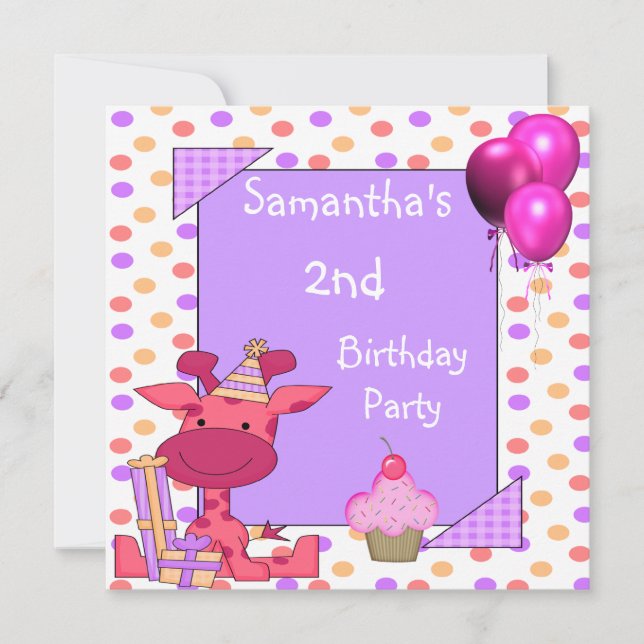 2nd Birthday Spots Giraffe Cupcake Balloons Mauve Invitation (Front)