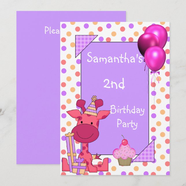 2nd Birthday Spots Giraffe Cupcake Balloons Mauve Invitation (Front/Back)