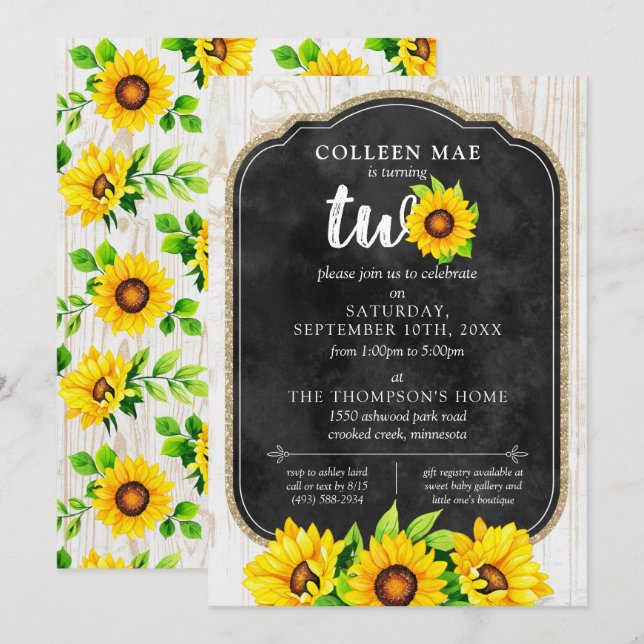 2nd Birthday Sunflower & Rustic Wood Country Farm Invitation (Front/Back)