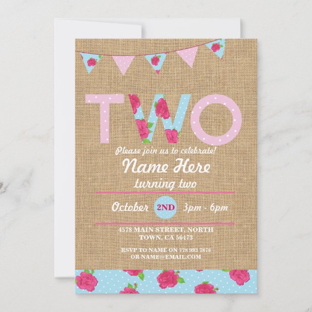 2nd Birthday Tea Party Two 2 Burlap Rose Invite (Front)