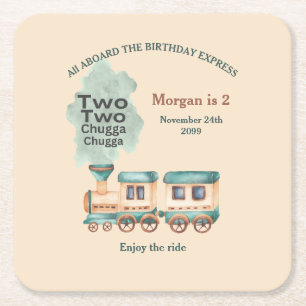 2nd Birthday Train Party All Aboard Watercolor Square Paper Coaster