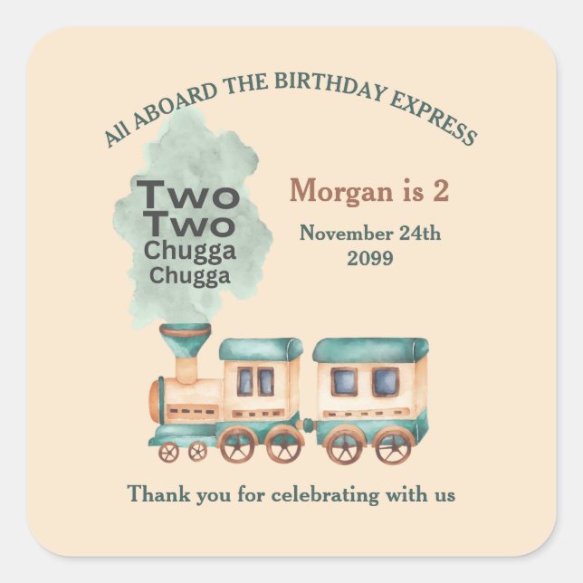 2nd Birthday Train Party All Aboard Watercolor Square Sticker (Front)