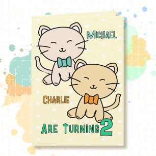 2nd Birthday Twin Boys Cute Cat Cartoon Adorable Card
