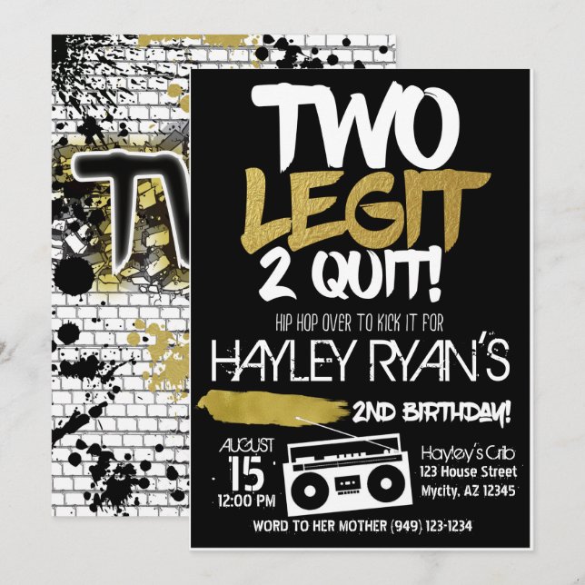 2nd Birthday Two Legit Two Quit Hip Hop Invitation (Front/Back)