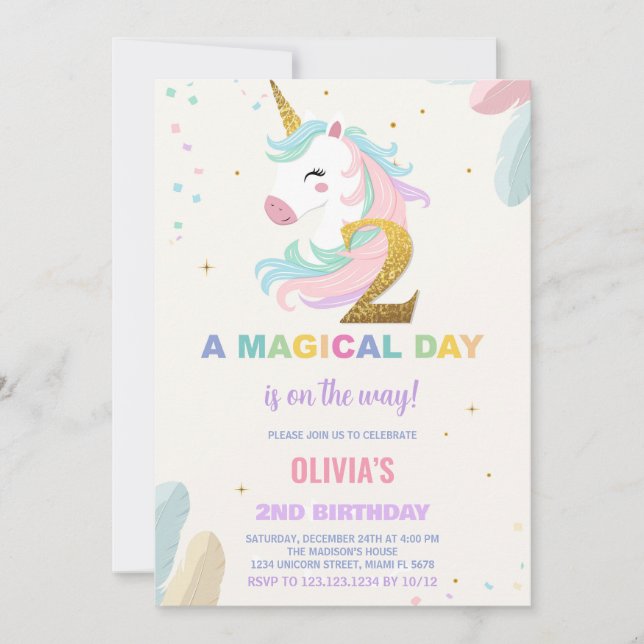 2nd Birthday Unicorn Birthday Invitations (Front)