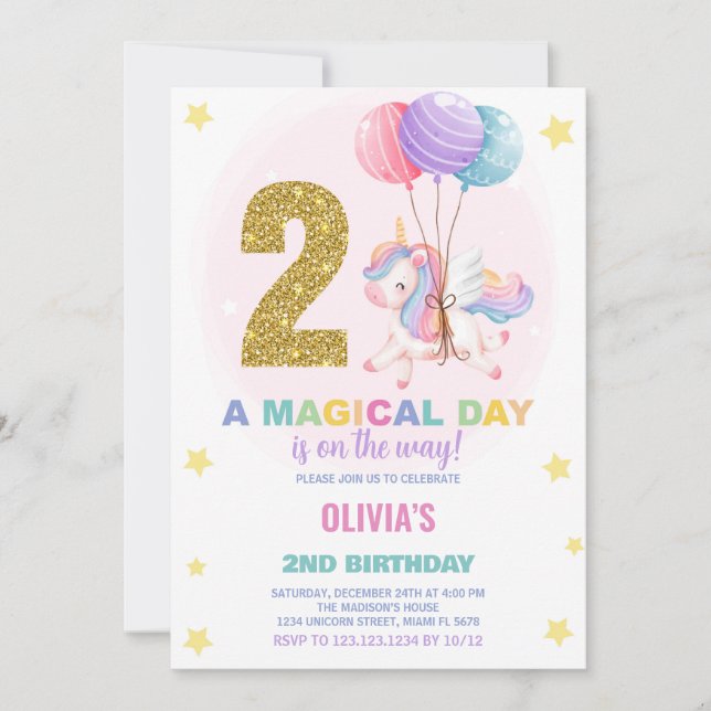 2nd Birthday Unicorn Birthday Invitations (Front)