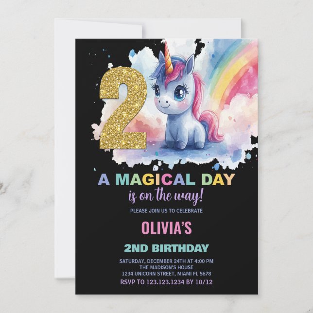 2nd Birthday Unicorn Birthday Invitations (Front)
