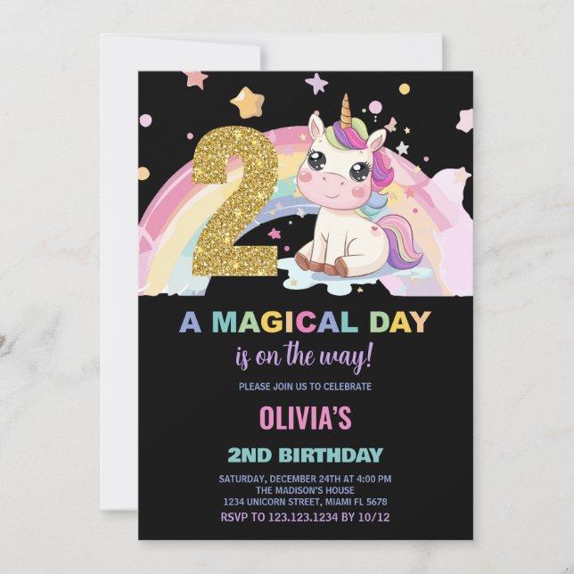 2nd Birthday Unicorn Birthday Invitations (Front)