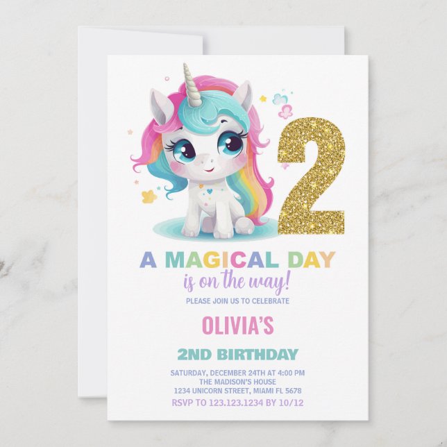 2nd Birthday Unicorn Birthday Invitations (Front)