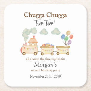 2nd Birthday Watercolor Brown Train Fun Express Square Paper Coaster