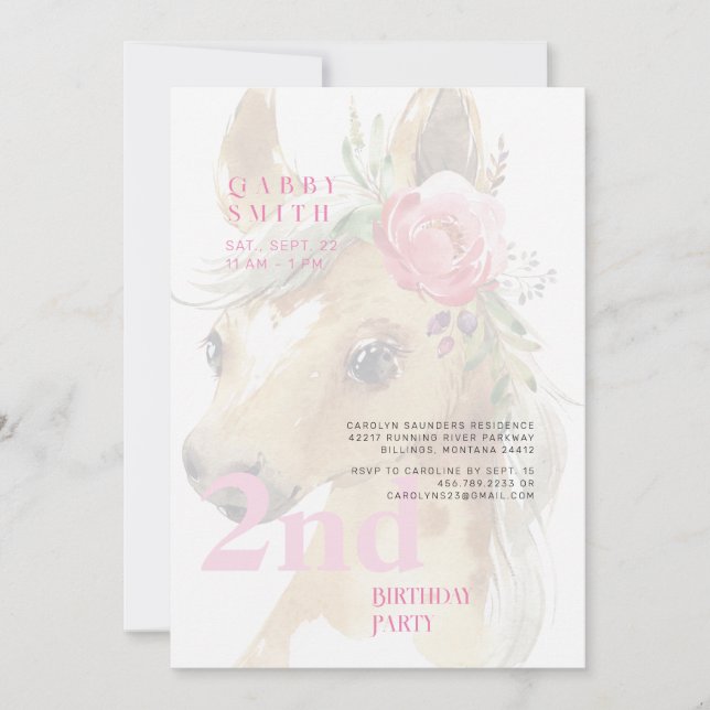 2nd Birthday Watercolor Pink Pony Party Invitation (Front)