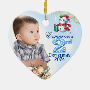 2nd Christmas Personalised Boy's Photo Heart Gift Ceramic Ornament