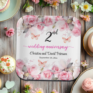 2nd Cotton Wedding Anniversary Blush Roses Paper Plate