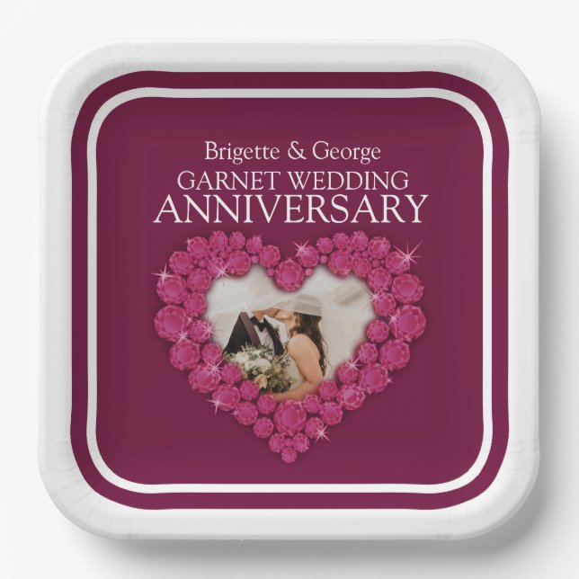 2nd garnet weddings Anniversary photo heart red Paper Plate (Front)