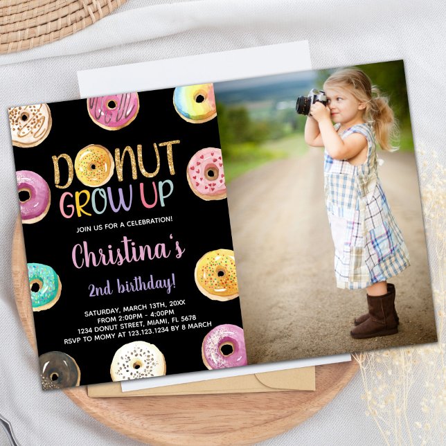 2nd Golden Glitter Photo Doughnut Birthday Invitation (2nd Golden Glitter Photo Donut Birthday Invitation)